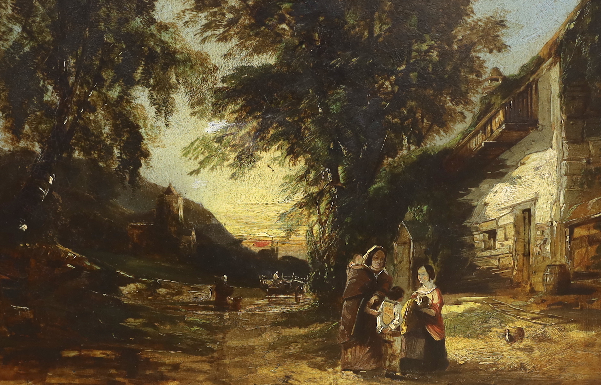 Oil on board, Rural landscape, figures beside stone cottage, 40x59cm